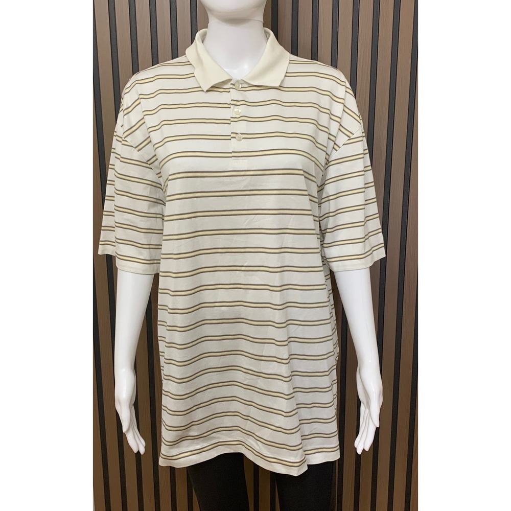 Nike Tiger Woods Collection Striped Golf Polo Shirt White Tan Men's L Fit Dry